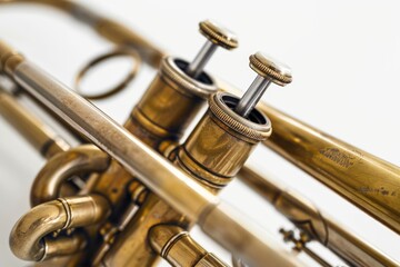 Wall Mural - A detailed view of a brass trumpet on a plain white background, suitable for use in music-related compositions