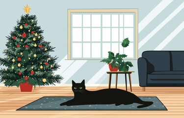 Poster - A black cat lies on the carpet in front of an open window. Next to it is a Christmas tree with decorations and potted plants by its side. The room has light blue walls, and there is a sofa