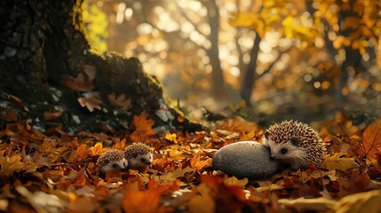 Wall Mural -   Small hedgehogs resting on pile of leaves near tree in forest