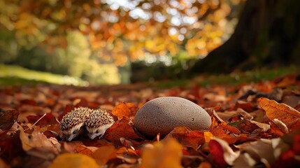 Wall Mural -   A hedgehog resting beside an egg atop a mound of leaves in a park with a tree nearby