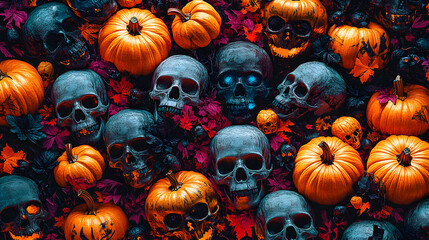 Wall Mural - halloween pattern with skulls and pumpkin