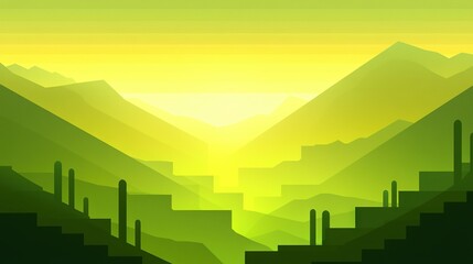 Wall Mural -  Digital art of a desert landscape featuring mountains, cacti, and the distant sun