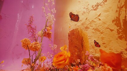 Canvas Print -   A room with pink and purple walls displayed with flowers and butterflies