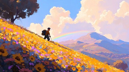 Poster -   A man with a backpack walks up a hill under a rainbow-filled sky in a painting