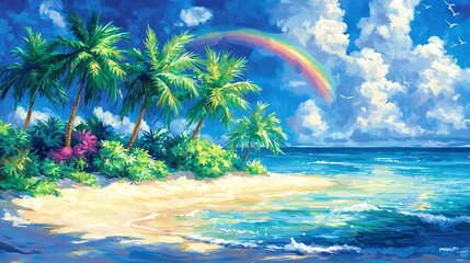 Wall Mural -   A vibrant depiction of a tropical paradise showcases a radiant rainbow amidst swaying palm trees and shimmering ocean waves