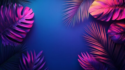 Tropical palm leaves and neon party fluorescent color flat lay layout design background