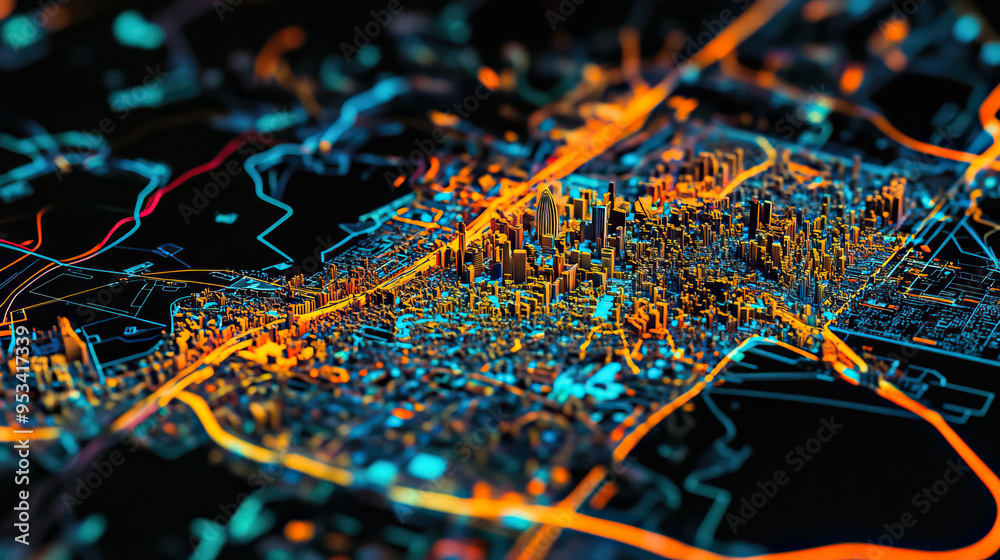 Technical aerial visual, 3D LiDAR GIS aerial map satellite scan model ...