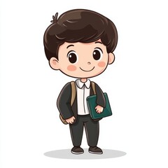 Cute cartoon school boy in a black suit with a backpack and notebook on a white background