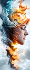 Canvas Print - Abstract Portrait of a Woman with Clouds and Fire.