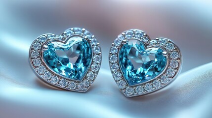 Jewelry, Proposal and Holiday Gift. Fancy Design of a Earrings in Platinum with Diamonds and Aquamarines. Platinum with Round Brilliant Diamonds and Heart Shaped Aquamarines.