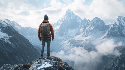 Hiker contemplates majestic misty mountains