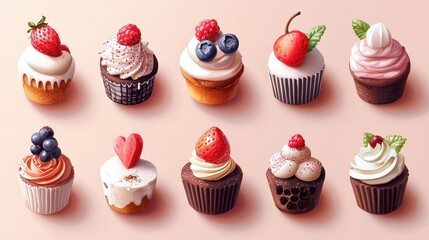 Sweet cupcakes with pink frosting, decorated with sprinkles, isolated on a white background