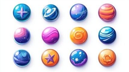 mystical celestial coin icons in metallic blue and purple vector set