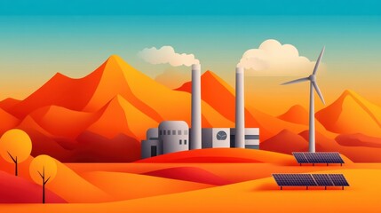 Wall Mural - Sustainable Energy Integration: Waste-to-Energy Facility with Solar and Wind Power Illustration