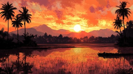 Poster - Sunset over a serene rice field, with the sky ablaze in orange and pink hues. Silhouettes of distant mountains and palm trees create a peaceful backdrop.