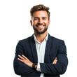 © Iftikhar alam - A confident businessman stands with arms crossed and smiles, exuding professionalism in a bright, PNG setting, confident smiling business man on transparent background
