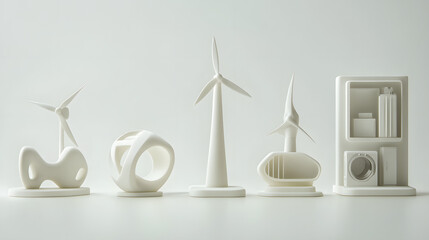 Poster - a minimalistic sculptural icon set, abstract, in a white space, 6 icons: the first symbolizing future green mobility and transportation, the second symbolizing Software   Technology, the third symboli