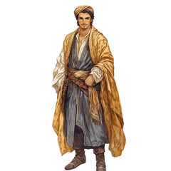 A man in a yellow robe and blue vest is holding a sword. He is standing in front of a white background