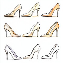 Aufkleber - These prompts focus on highlighting the design, elegance, and style of high heels against a clean, white background, perfect for showcasing various types of footwear.