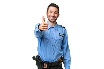 Young police caucasian man over isolated background with thumbs up because something good has happened