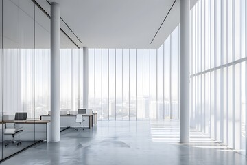 A photo of a large white open office space interior with modern furniture, desks and computers in front of big windows overlooking the city. A minimalistic style, 