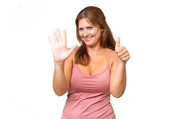 Middle-aged caucasian woman over isolated background counting six with fingers