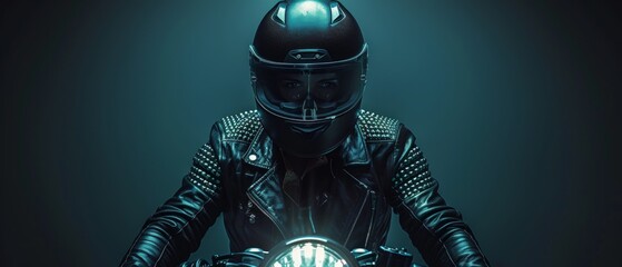 Wall Mural - a person in a leather jacket and helmet on a green motorcycle set against a black background, exudin