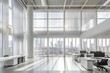 © Amru - A photo of a large white open office space interior with modern furniture, desks and computers in front of big windows overlooking the city. A minimalistic style,