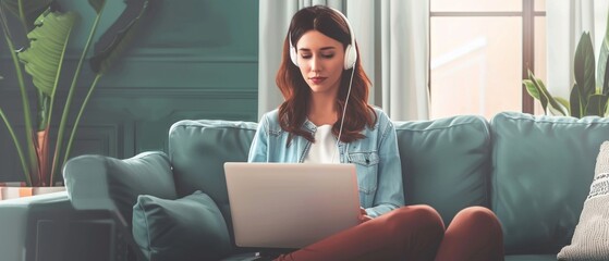 Wall Mural - Woman in denim shirt, on a green couch, laptop in lap, and headphones. Indoor setting with plants, green wall, and natural light from large window.