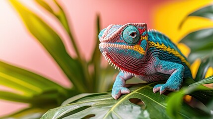 Sticker -   A chameleon perched atop a verdant foliage nestled beside a vibrant R-Y-B color block wall