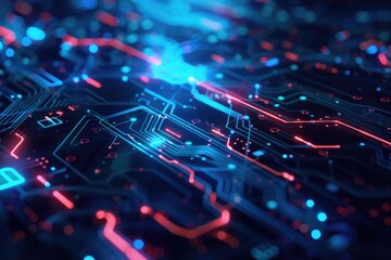 Poster - A close-up view of a circuit board featuring blue and red lights