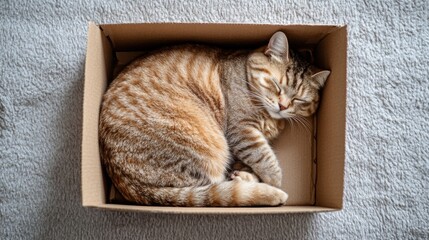 Poster - Top-down view of a large cat squeezed into a tiny cardboard box, sound asleep with its eyes gently closed, and the box slightly bulging from the cat's size.