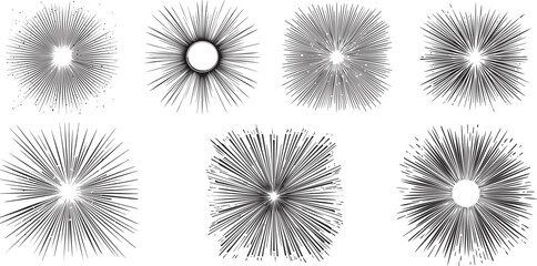 Poster - Charcoal Doodle Scribble Set sunburst radial lines in black handdrawn style with explosion speed lines and starburst shine ideal for retro vintage design graphic resources and clipart