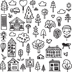 Wall Mural - Charcoal Doodle Scribble Hand Drawn Cityscape Elements Buildings Trees Flowers Clouds Ideal for Urban Nature Illustrations Minimalist Graphic Design Resources Collection