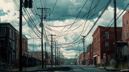 Poster - Urban street with a line of electric poles on the sidewalk, wires crisscrossing above. The background is a mix of buildings and a cloudy sky.