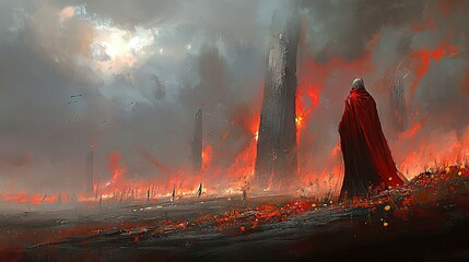 Leinwandbilder -  A man in red cape stands before a metropolis on fire