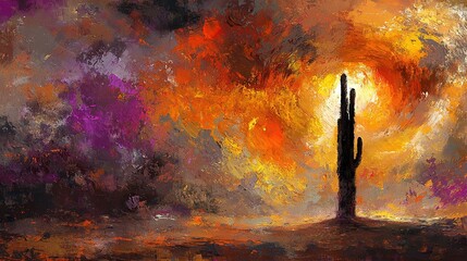 Wall Mural -  A vibrant cactus against an orange-yellow backdrop with beaming sunlight through cloudy skies