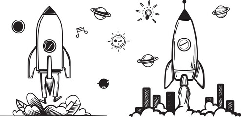 Wall Mural - charcoal doodle sketch of a rocket launch symbolizing business startup concepts hand-drawn illustrat