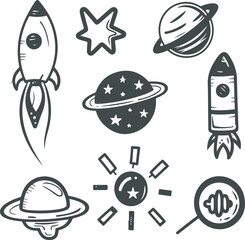 Wall Mural - charcoal doodle hand drawn space elements rocket spaceship planets stars galaxy universe astronomy e