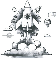 Wall Mural - hand drawn charcoal doodle of a space rocket launch representing startup business innovation and suc