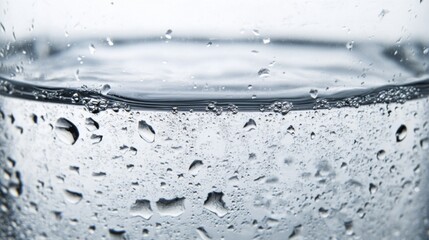 Fototapete - Water droplets forming on the surface of a cold glass of water, with condensation trickling down the sides against a clean, white background.