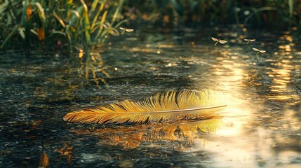 Sticker -   A yellow feather floats atop water, near a green field with fluttering butterflies