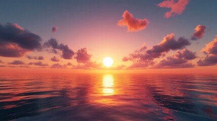 Poster - Wide shot of a breathtaking sunset over the ocean, with the sun dipping below the horizon and vibrant orange and pink hues reflecting on the water.