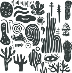 Wall Mural - Hand drawn charcoal doodle abstract shapes set organic forms and primitive design elements ideal for contemporary modern style illustrations and trendy wall art clipart s