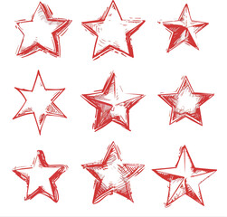 Poster - Charcoal doodle scribble nine red hand drawn stars icons isolated on white ideal for rating reviews festive celebration design elements sticker labels badges logos awards rankings