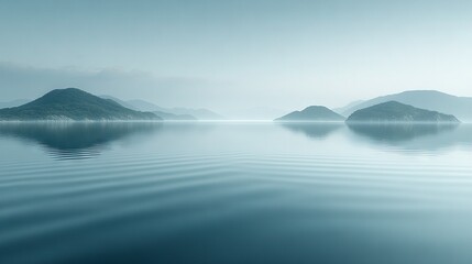 Poster -   A body of water encircled by mountains on a misty day, with a vessel floating in the midst and an isle situated in the heart of it