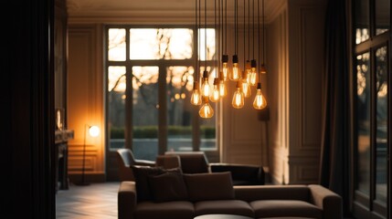 Poster - Wide shot of a contemporary room with a stylish chandelier featuring multiple light bulbs, casting a bright and elegant light over the space.