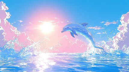 Sticker -   A pink and blue sky serves as backdrop to a majestic dolphin jumping out of the water, with the glistening sun behind it