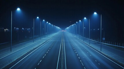 Aufkleber - Wide shot of a long, empty highway with streetlights lined up on both sides, creating a sense of depth and isolation in the darkness of the night.