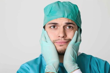 A person wearing surgical hat and gloves, ready for medical procedure